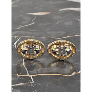 Rare Vtg Celine Paris Two-Tone Gold & Silver Oval Openwork Triomphe Logo Cuf